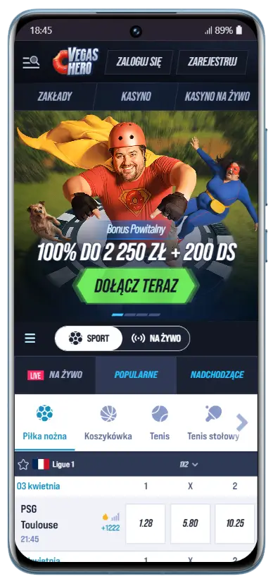 Strona główna kasyna VegasHero na urządzeniu mobilnym z banerem bonusu powitalnego 100% do 2 250 zł + 200 DS, przyciskiem Dołącz teraz oraz sekcją zakładów sportowych na żywo