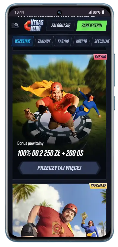 Strona promocji kasyna VegasHero z widocznym banerem bonusu powitalnego 100% do 2 250 zł + 200 DS, filtrem kategorii promocji oraz przyciskiem Przeczytaj więcej