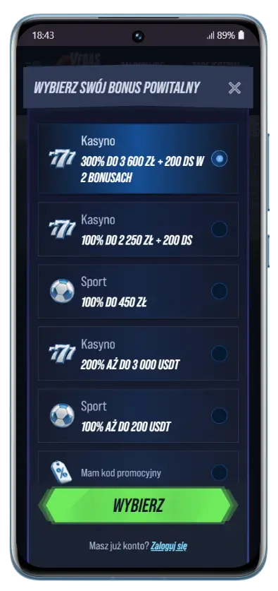 Ekran wyboru bonusu powitalnego w aplikacji mobilnej VegasHero z opcjami kasyna i sportu, w tym 300% do 3 600 zł + 200 DS oraz 100% do 2 250 zł + 200 DS